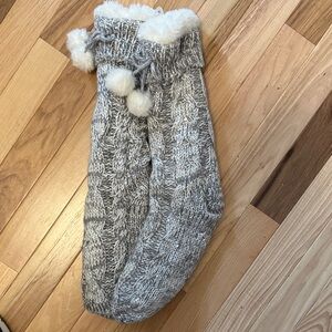 Cozy Gray Knit Stocking with Pom Poms new